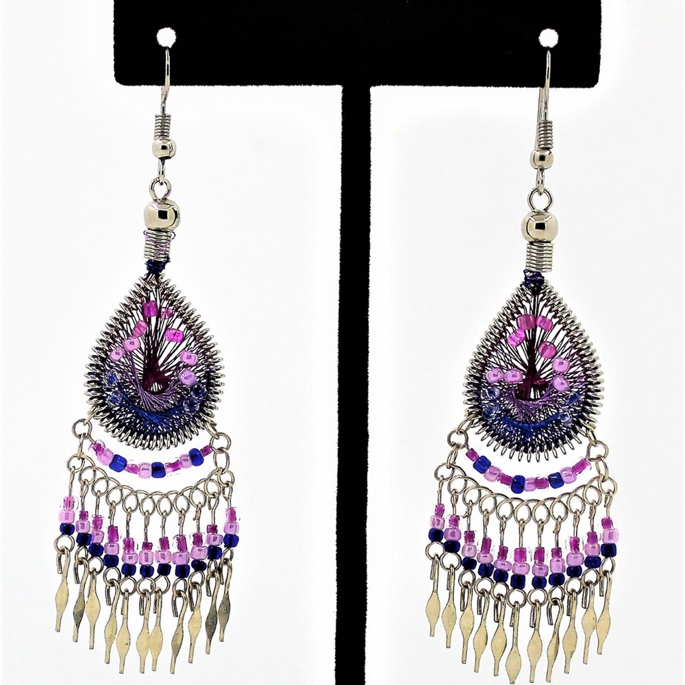 Stainless Steel Earrings Boho Peruvian Purple Blue Silk Thread Beaded Dangle